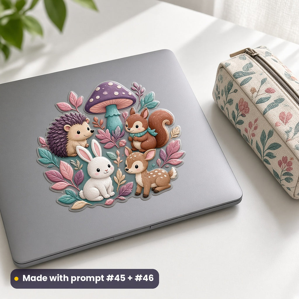 Grey laptop beside a floral pencil case with a children's die-cut decal of a cartoon hedgehog, rabbit, squirrel and fawn under a mushroom, no people, made with prompt #45 + #46