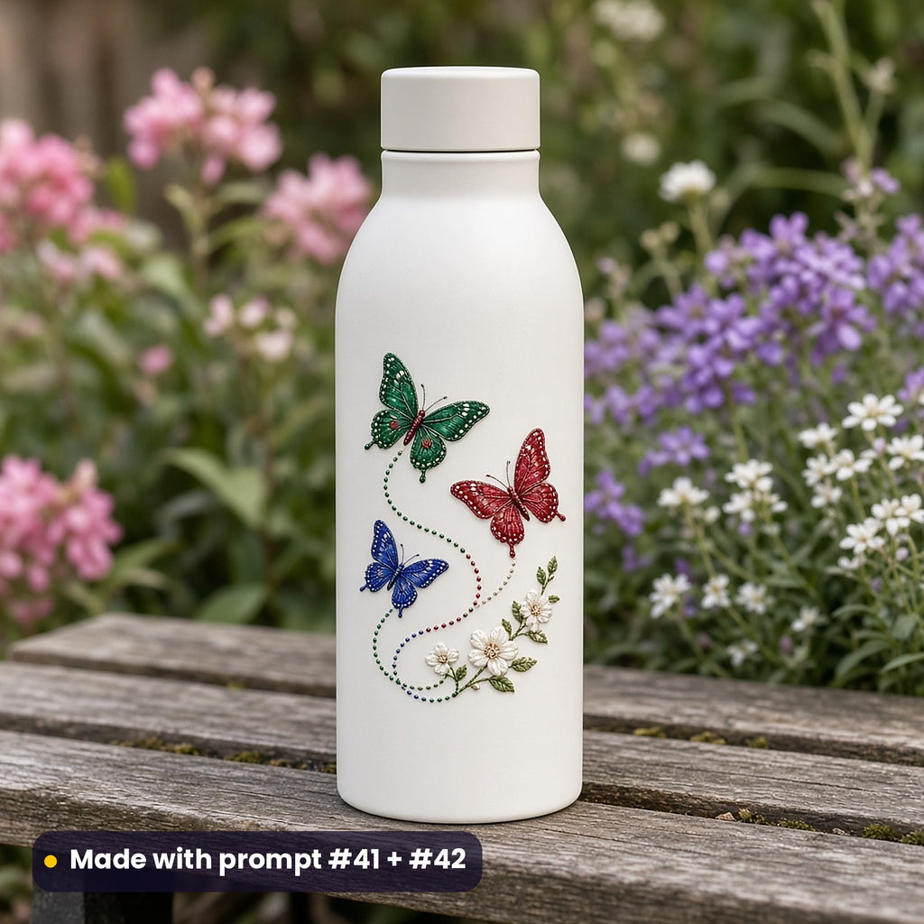 White steel water bottle on a garden bench among flowers, with a die-cut decal of three butterflies on a dotted flight path in emerald, ruby and cobalt, made with prompt #41 + #42