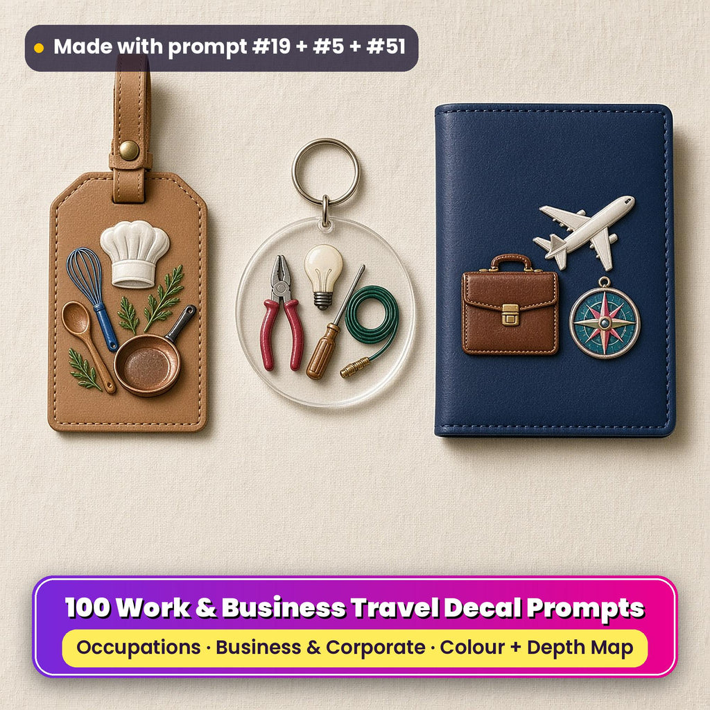 Three UV-printed travel accessories on cream linen: a tan leather luggage tag with a chef's hat, whisk and copper pan, a clear acrylic key ring with an electrician's pliers, bulb and cable, and a navy passport cover with a briefcase, an unmarked jet and a compass, made with prompt #19 + #5 + #51