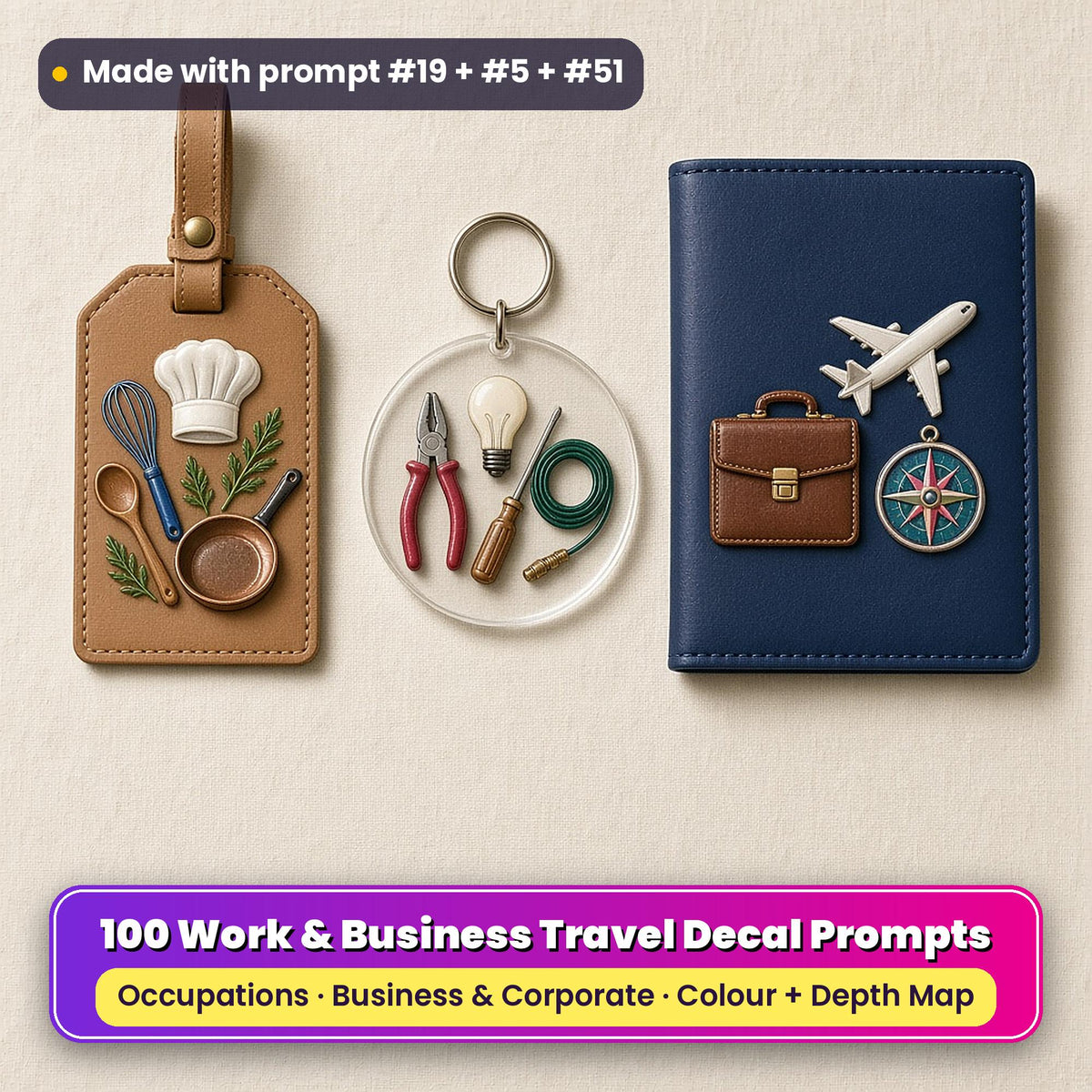 Three UV-printed travel accessories on cream linen: a tan leather luggage tag with a chef's hat, whisk and copper pan, a clear acrylic key ring with an electrician's pliers, bulb and cable, and a navy passport cover with a briefcase, an unmarked jet and a compass, made with prompt #19 + #5 + #51