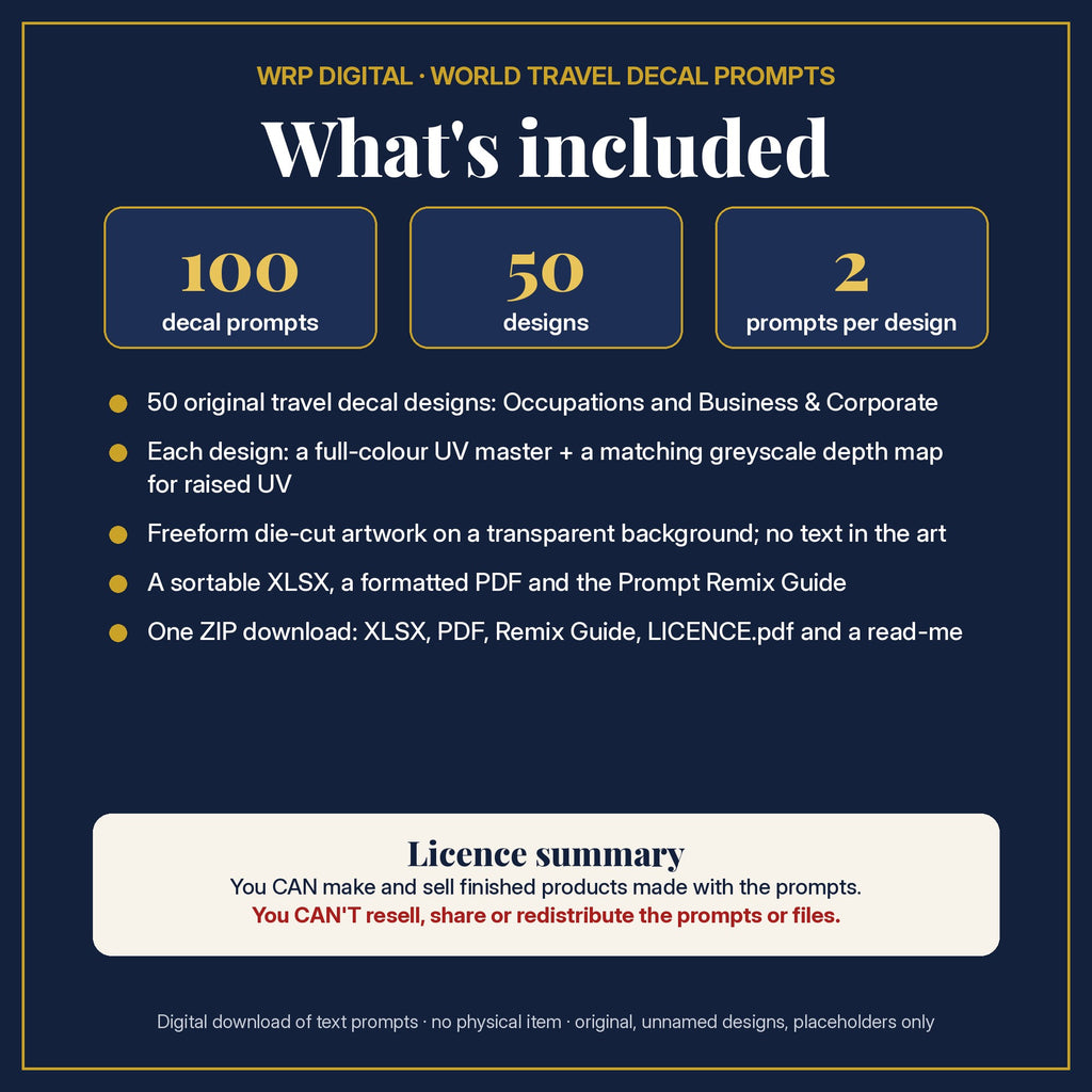 What's included: 100 travel decal prompts, 50 original designs each with a full-colour UV master and a matching depth map, XLSX and PDF, Prompt Remix Guide, ZIP, and a licence summary