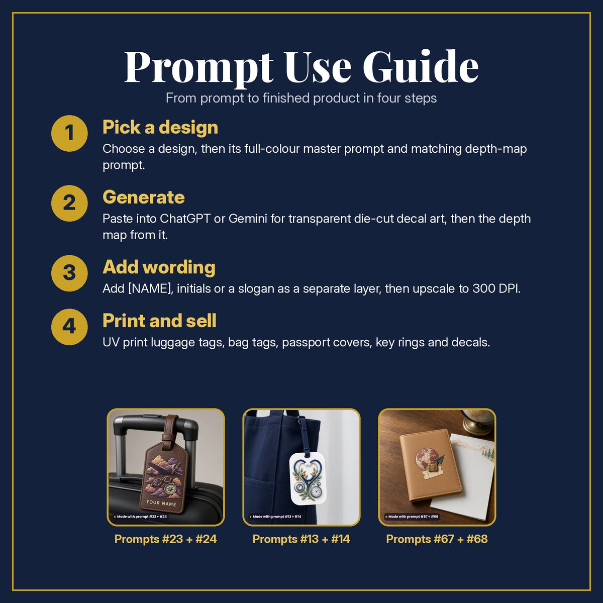 Prompt Use Guide in four steps: pick a design, generate, add wording, print and sell, with example products made with prompt #23, prompt #24, prompt #13, prompt #14, prompt #67, prompt #68