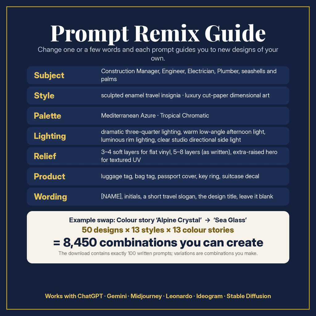 Prompt Remix Guide: change subject, style, colour story, lighting, relief, product and wording; 50 designs × 13 design styles × 13 colour stories = 8,450 combinations you can create