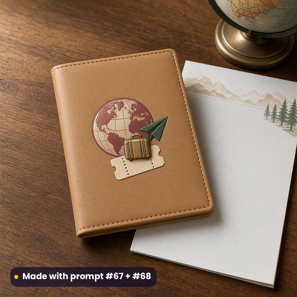 Plain tan leather passport cover beside a small globe, with a decal of a globe, suitcase, paper plane and blank ticket in burgundy, brass and pine, made with prompt #67 + #68