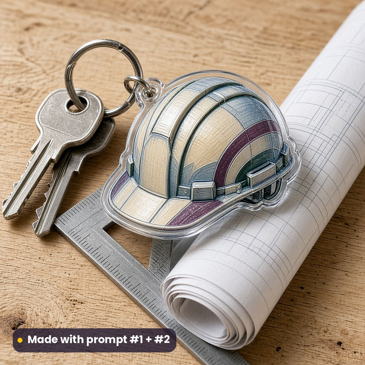 Die-cut acrylic hard hat key ring on a rolled blueprint and set square with keys, printed in glacier blue, plum and silver ivory, made with prompt #1 + #2