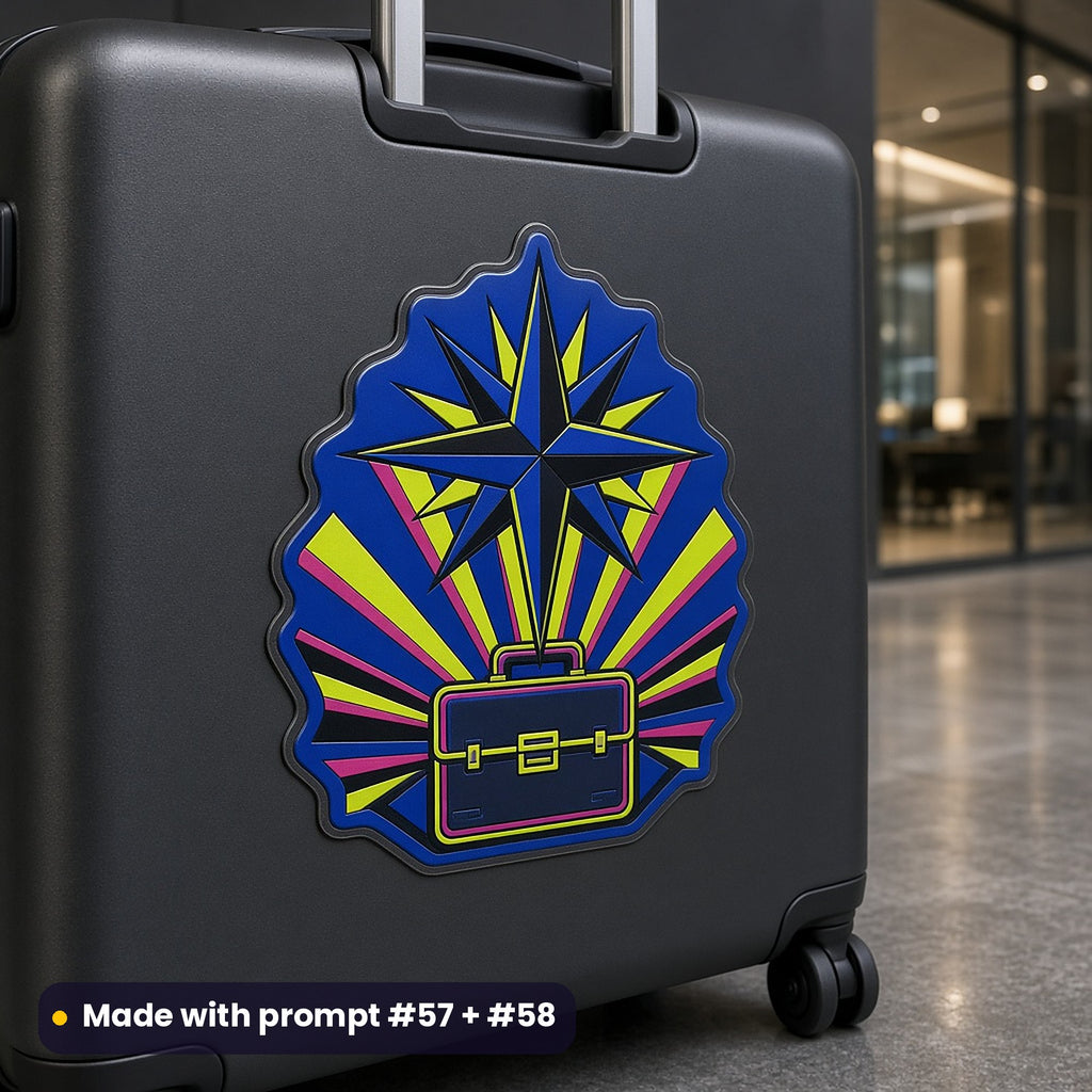 Charcoal hard-shell suitcase in an office lobby with a large art-deco die-cut decal of a compass star over a briefcase with rays, made with prompt #57 + #58