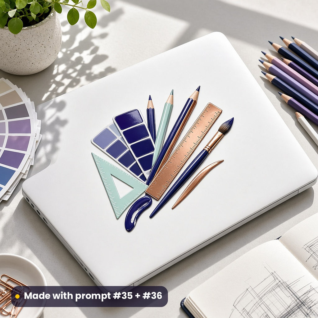 White laptop on a designer's desk with a die-cut decal of colour swatches, pencils, a ruler, a set square and a paintbrush, made with prompt #35 + #36