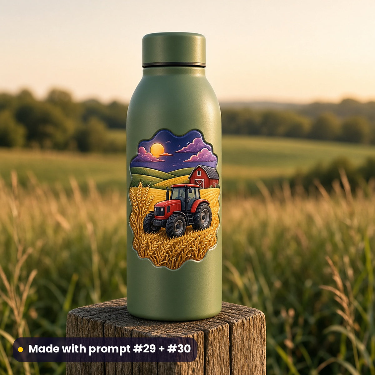Green steel water bottle on a fence post by a field, with a die-cut decal of a generic red tractor, wheat sheaves and a barn at sunset, made with prompt #29 + #30