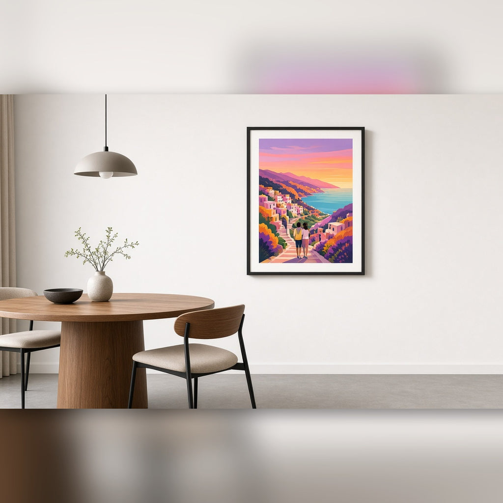 Bold-colour coastal village with winding steps to a turquoise bay and a couple at sunset shown as a flat framed print in a dining room, made with prompt #9