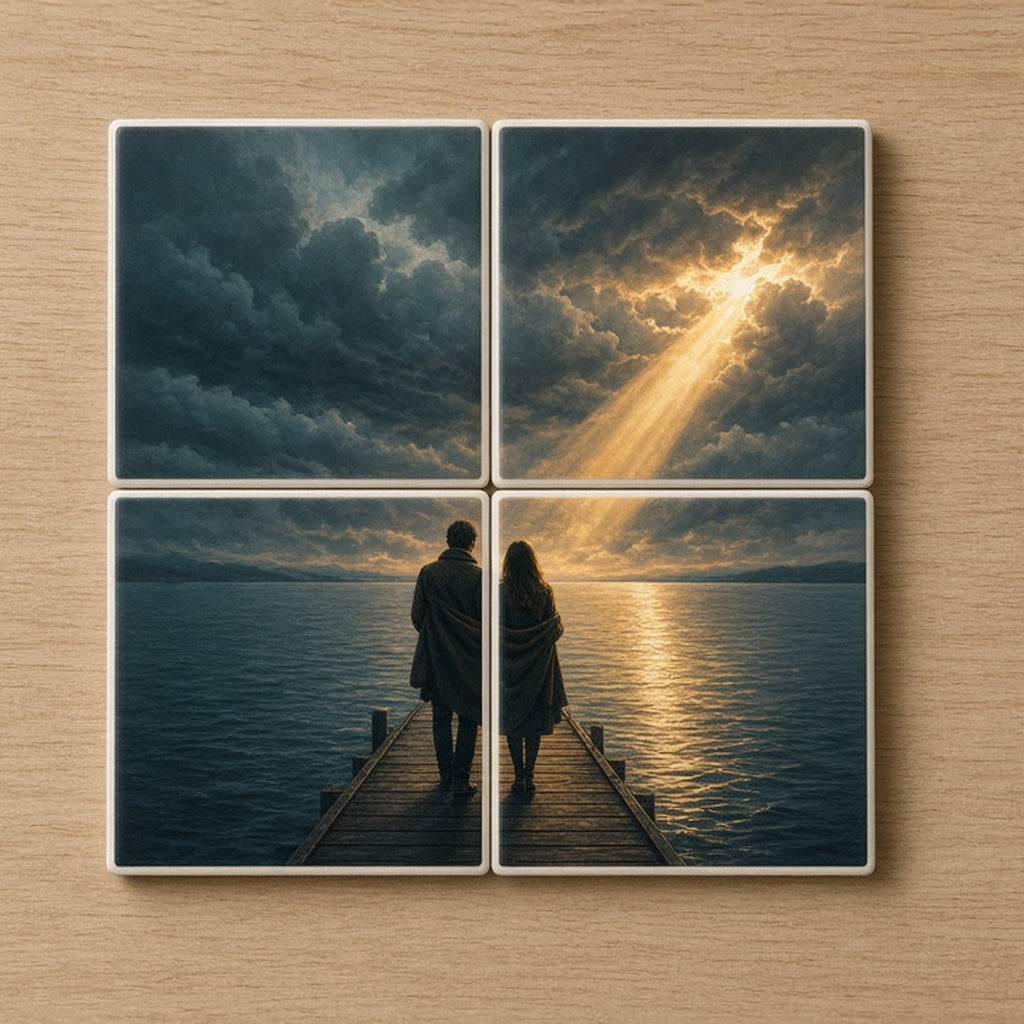 Cinematic couple on a lake jetty as a storm rolls in with a shaft of golden light printed flat across a set of four coasters, made with prompt #46