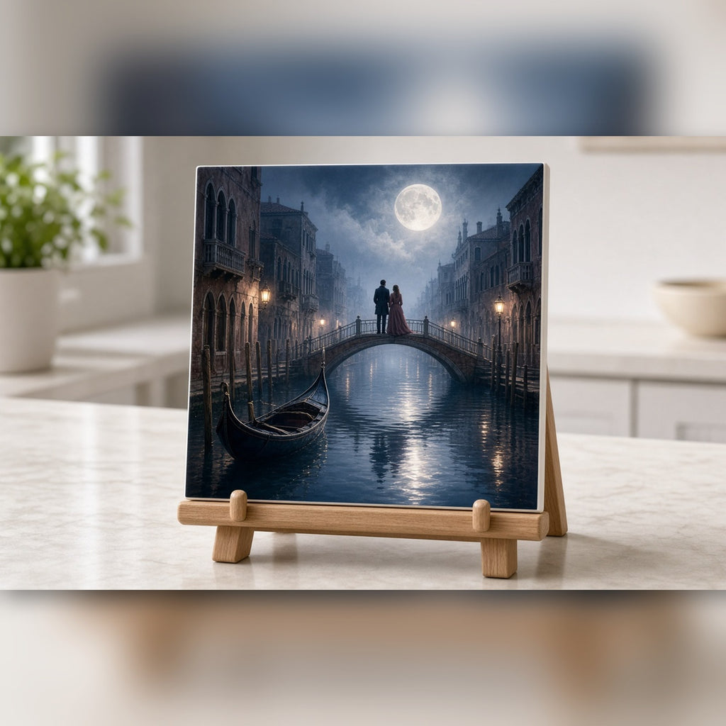 Moonlit canal with a moored boat and a couple on an arched footbridge printed flat on a ceramic tile, made with prompt #84
