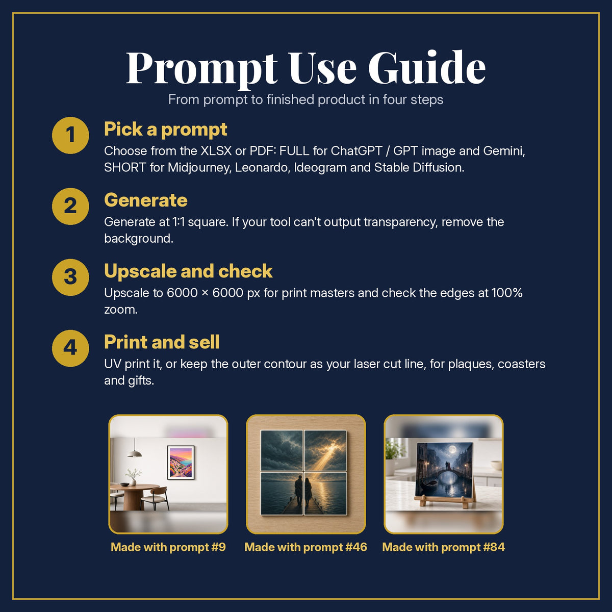 Prompt Use Guide for the Adult Romance, Cinematic & Bold Collection: pick a prompt, generate, upscale and check, print and sell, with sample products made with the pack's prompts
