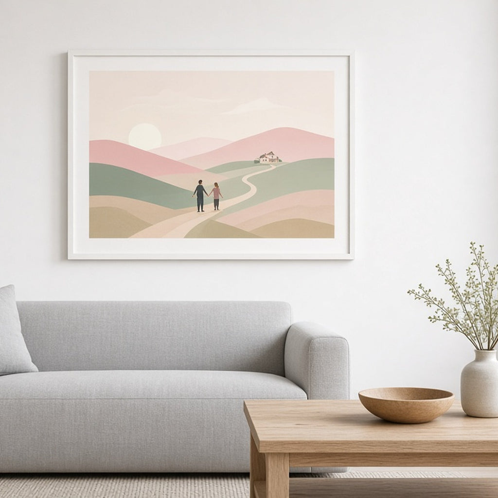 Modern minimal pastel hills with a winding path, small house and a couple holding hands shown as a flat framed print in a living room, made with prompt #9