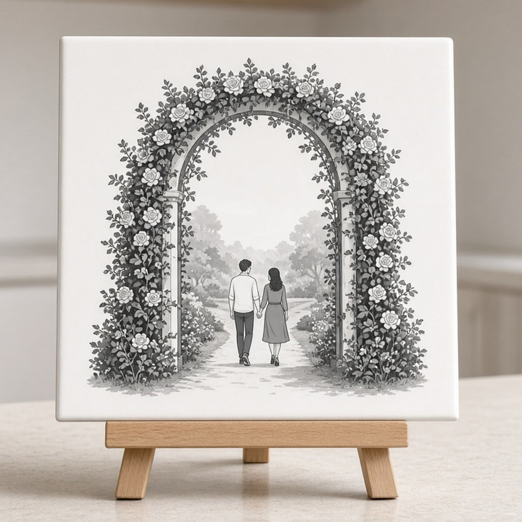 Monochrome rose-covered garden archway with a couple walking through printed flat on a ceramic tile, made with prompt #21