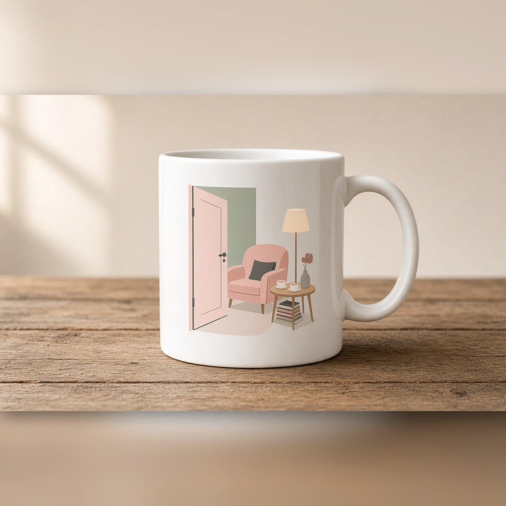 Modern minimal hidden reading nook behind a half-open door with an armchair and two teacups printed flat on a mug, made with prompt #2