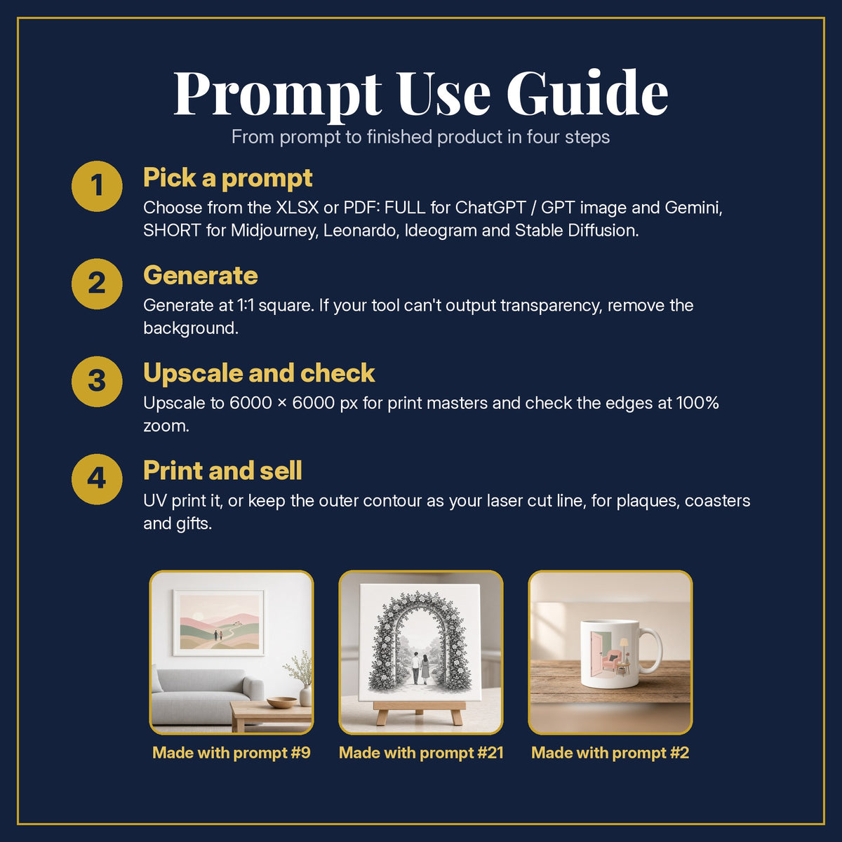 Prompt Use Guide for the Adult Romance, Clean & Graphic Collection: pick a prompt, generate, upscale and check, print and sell, with sample products made with the pack's prompts