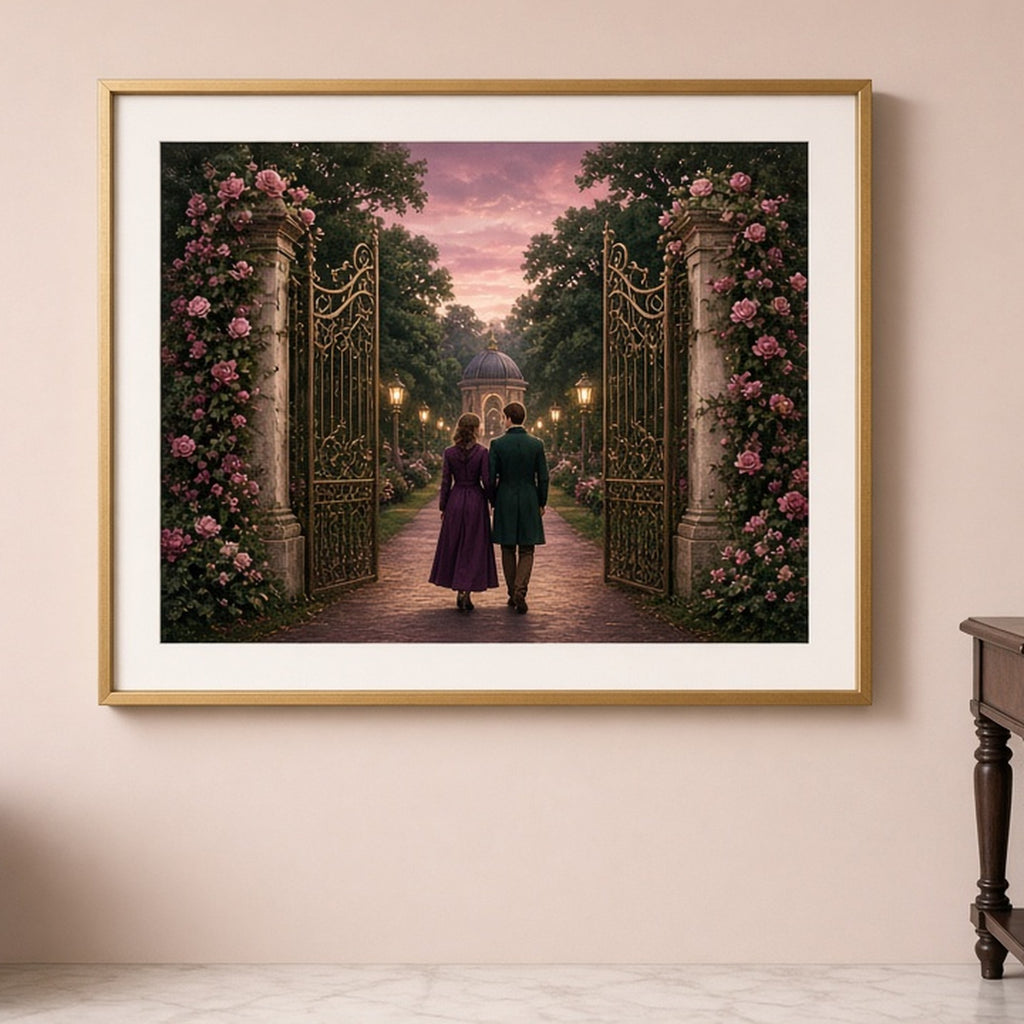 Luxury rose-draped garden gate opening onto a lantern-lit avenue with a couple walking through shown as a flat framed print in a dressing room, made with prompt #41