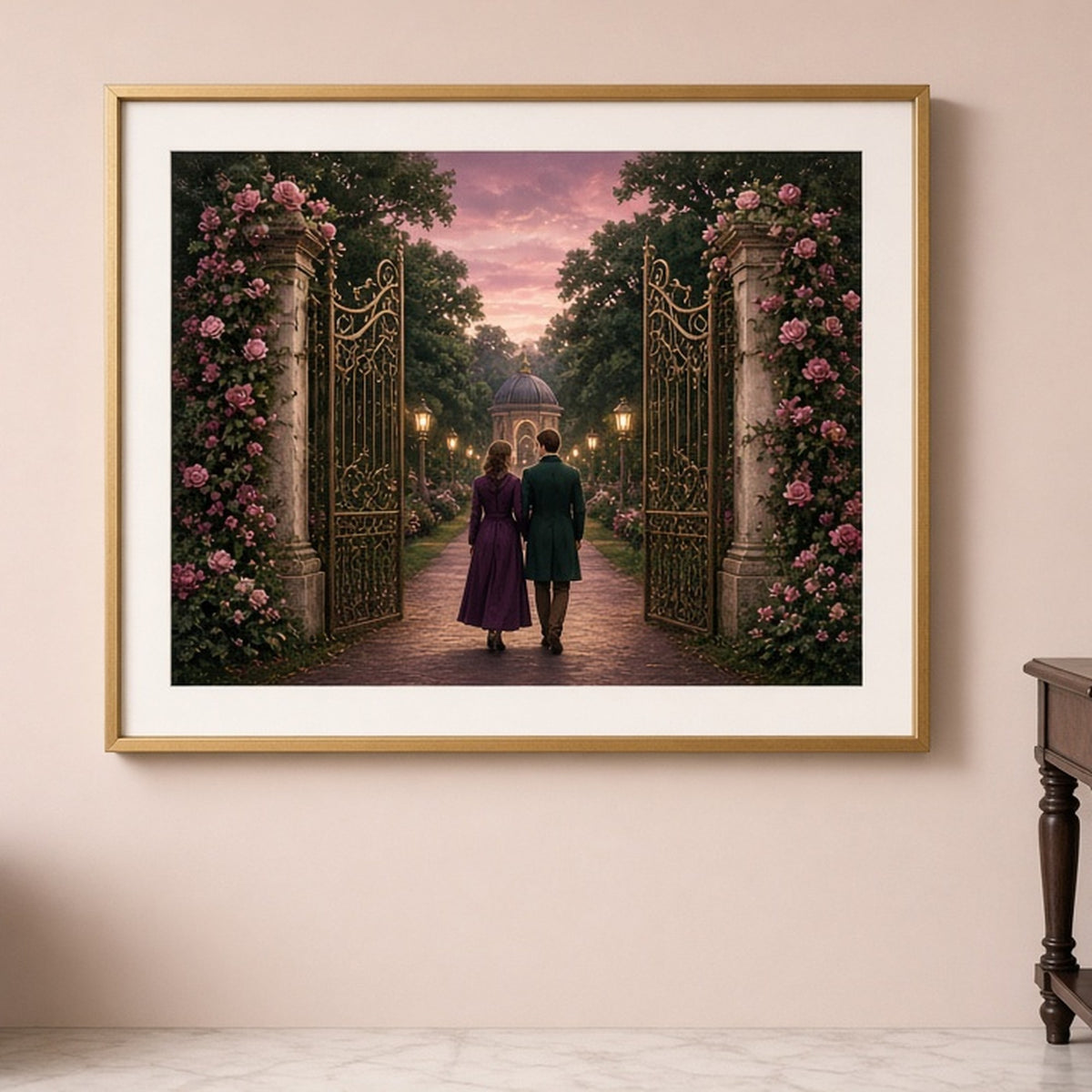 Luxury rose-draped garden gate opening onto a lantern-lit avenue with a couple walking through shown as a flat framed print in a dressing room, made with prompt #41