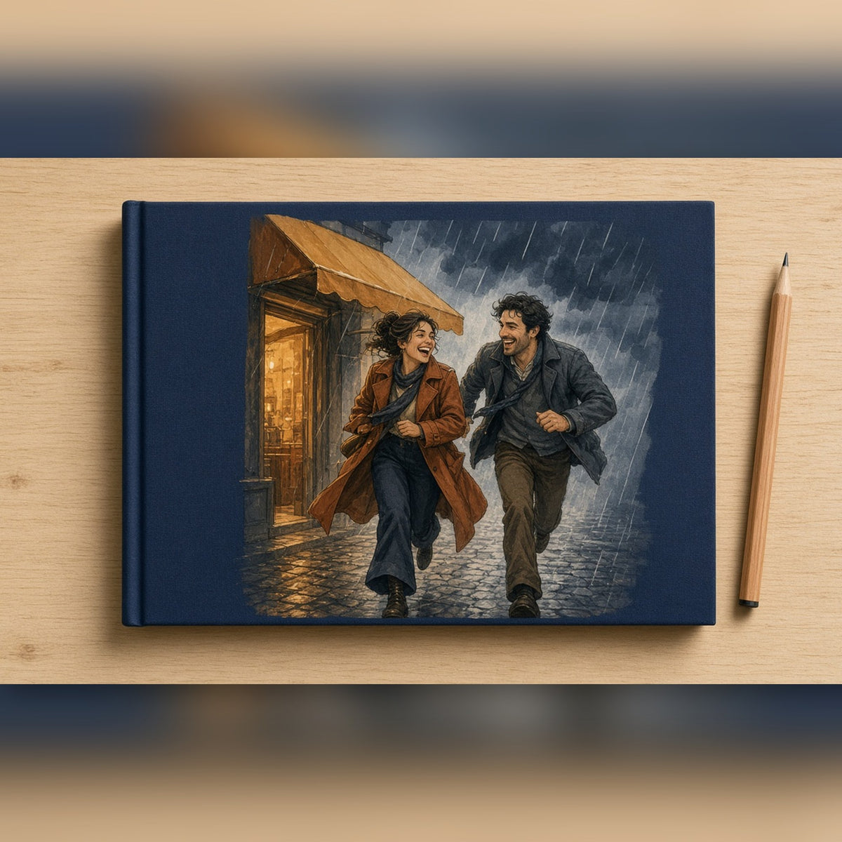 Illustrated couple laughing as they run for shelter from a rainstorm on a cobbled street printed flat on a notebook cover, made with prompt #226