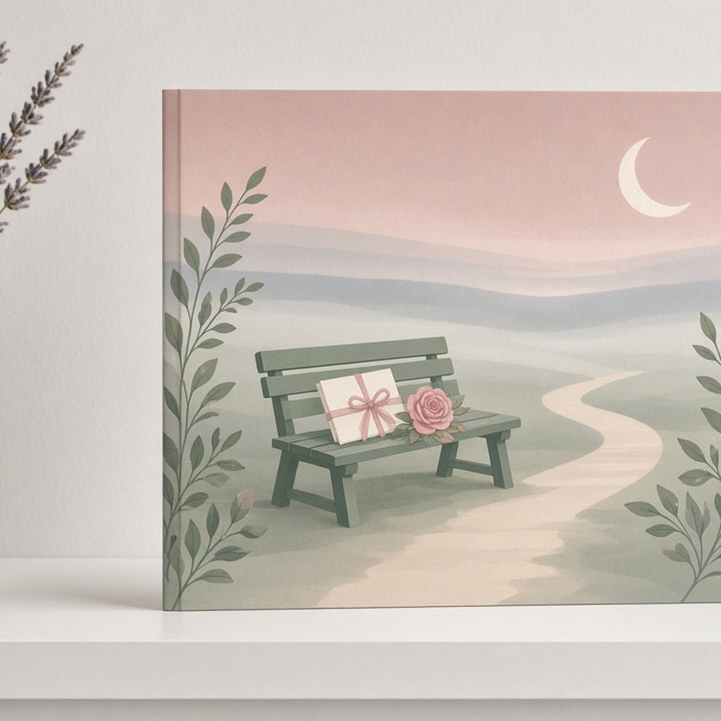 Misty dusk garden with a bench holding a ribbon-tied letter and a rose printed flat on a greeting card, made with prompt #416