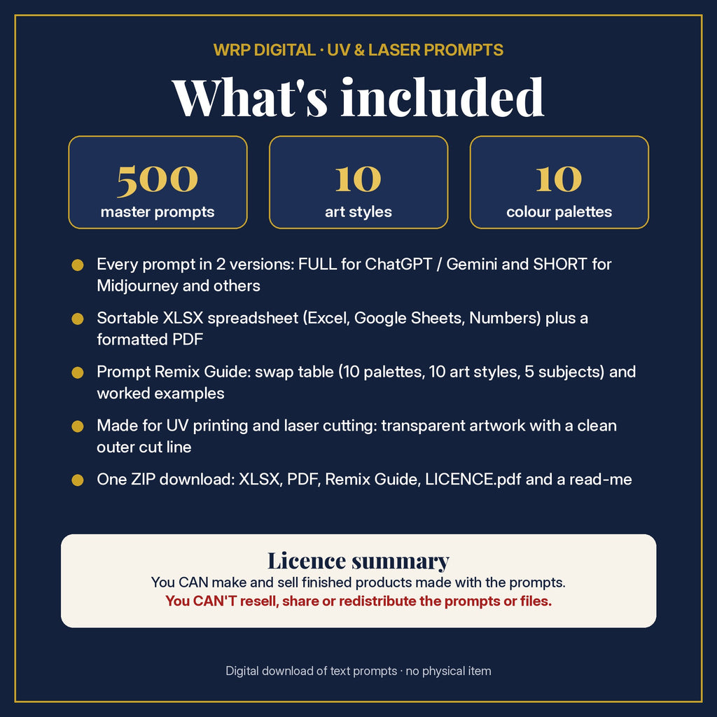 What's included in the Adult Romance Complete Library: 500 master prompts, 10 art styles, 10 colour palettes, XLSX and PDF, Prompt Remix Guide and licence summary