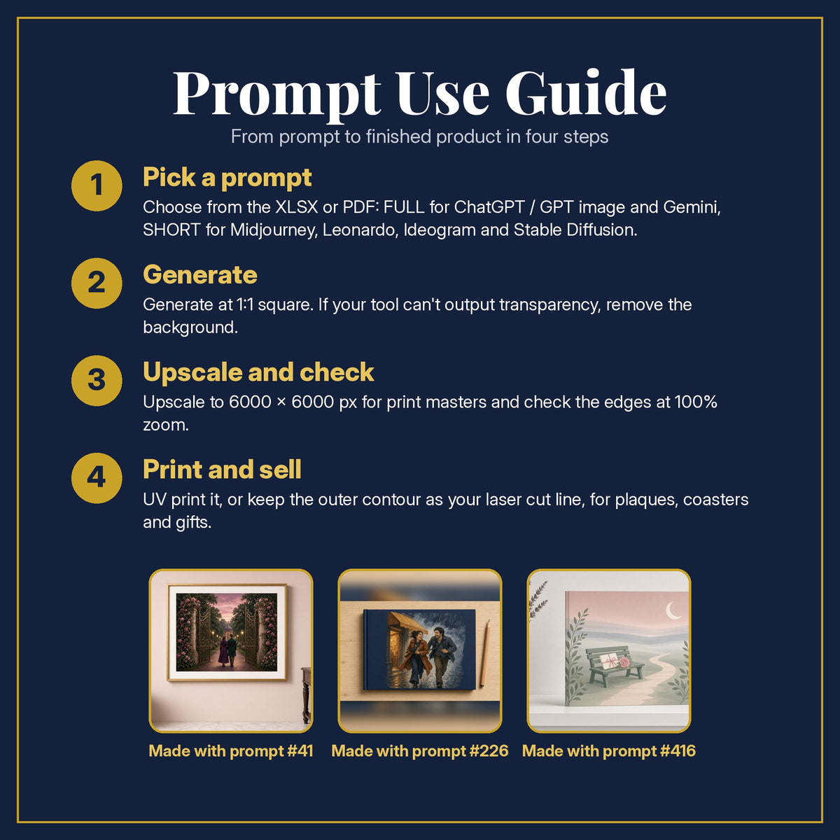 Prompt Use Guide for the Adult Romance Complete Library: pick a prompt, generate, upscale and check, print and sell, with sample products made with the pack's prompts