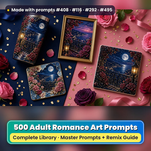 500 Romance Art Prompts Library: Made with prompts #408 · #116 · #292 · #495 – realistic UV-printed mockup