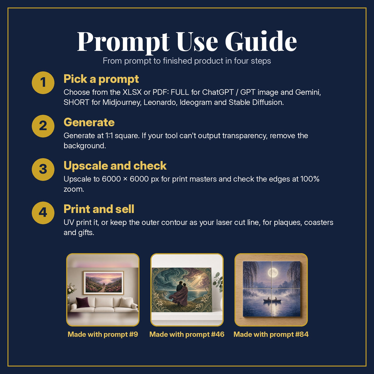 Prompt Use Guide for the Adult Romance, Luxury & Decorative Collection: pick a prompt, generate, upscale and check, print and sell, with sample products made with the pack's prompts