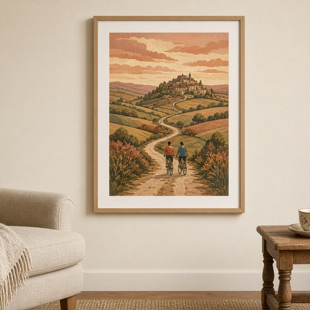 Textured artisan countryside panorama with a couple cycling a winding lane to a hilltop village shown as a flat framed print in a cottage sitting room, made with prompt #9