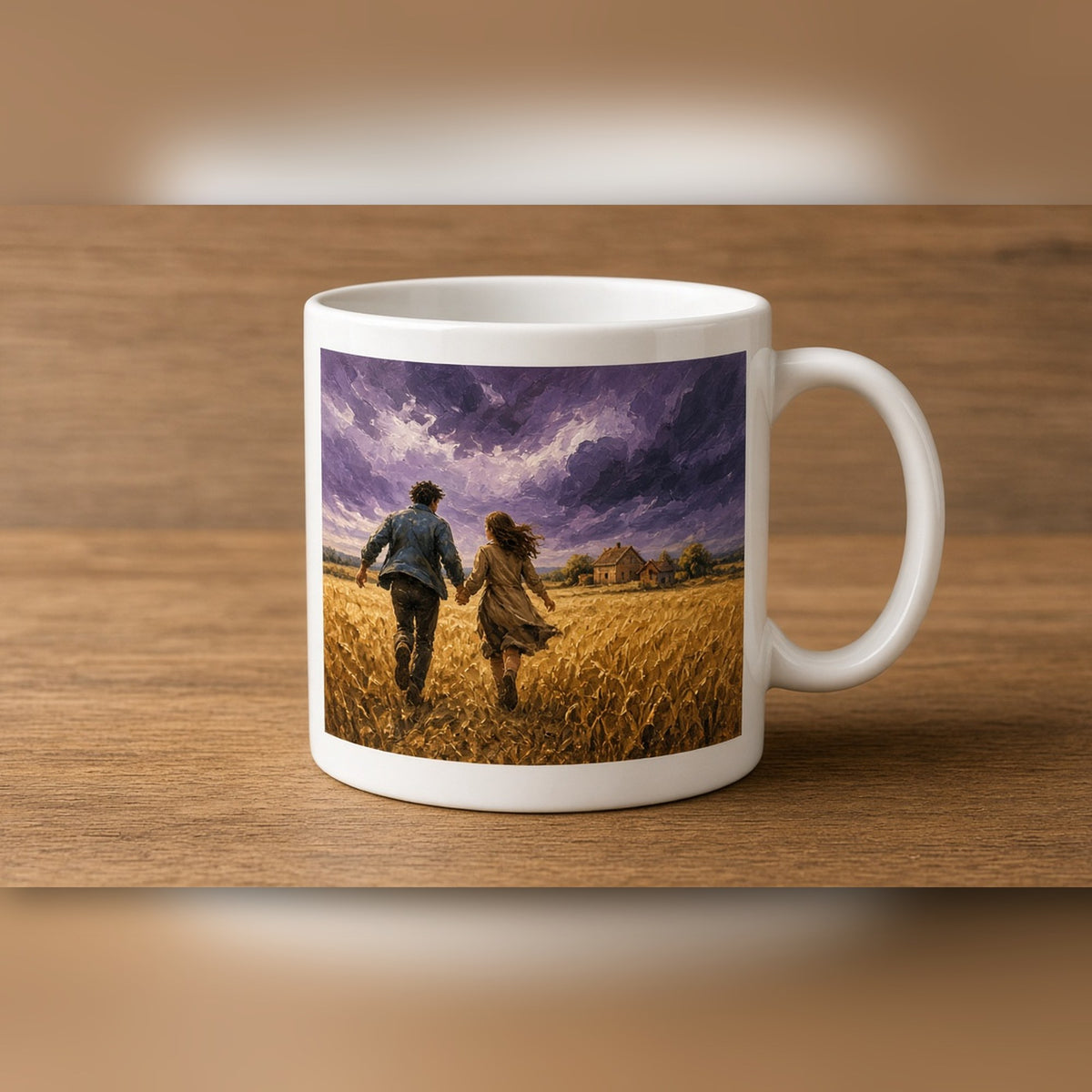 Oil-painting-style couple running through a wheat field as a violet storm gathers printed flat on a mug, made with prompt #46