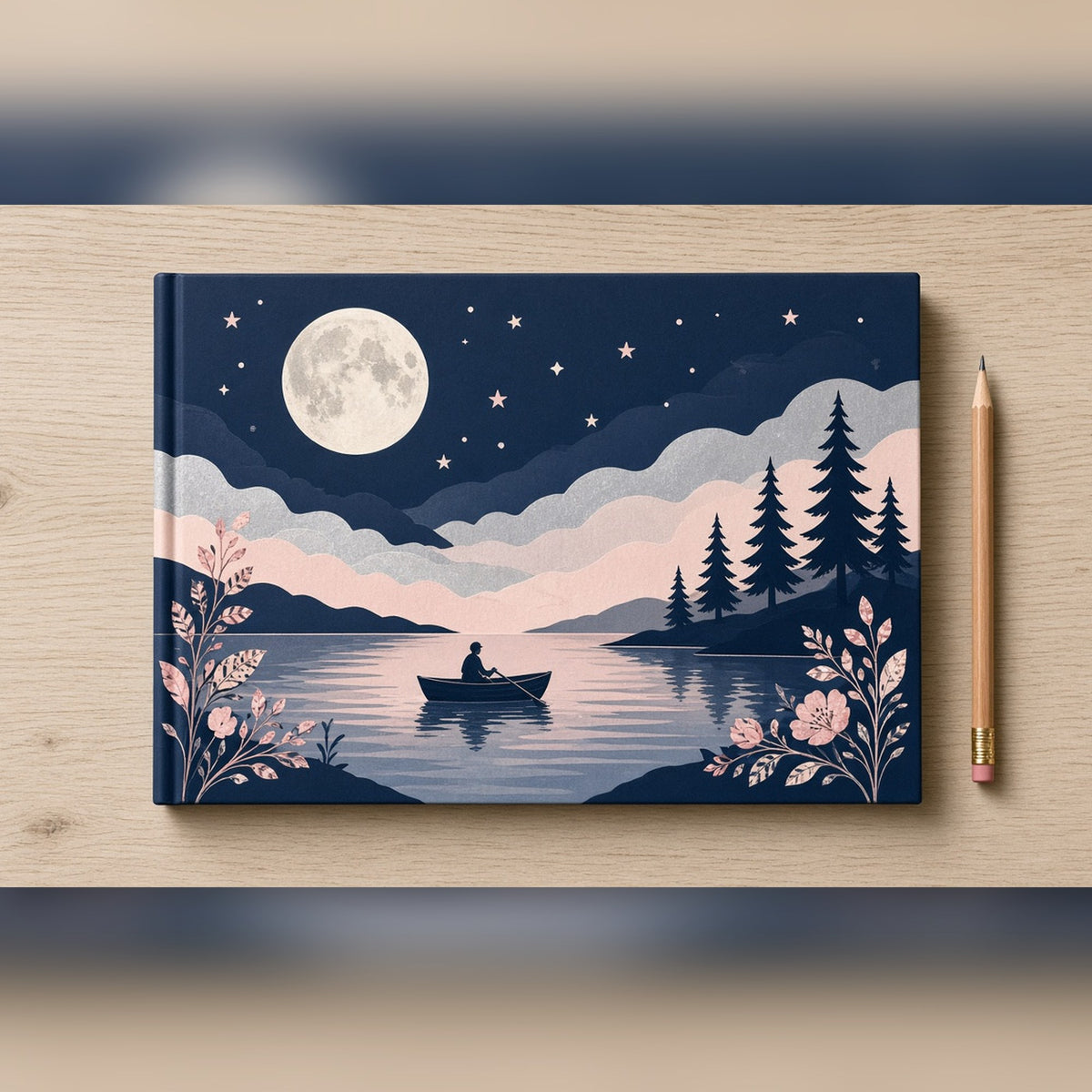 Collage-style moonlit lake with a rowing boat, pines and flower sprigs printed flat on a notebook cover, made with prompt #84