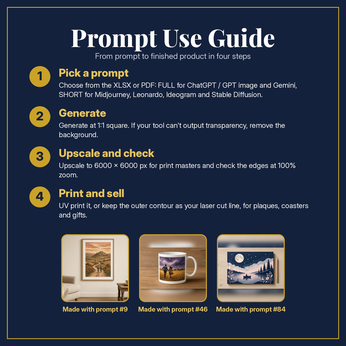 Prompt Use Guide for the Adult Romance, Painterly & Handmade Collection: pick a prompt, generate, upscale and check, print and sell, with sample products made with the pack's prompts