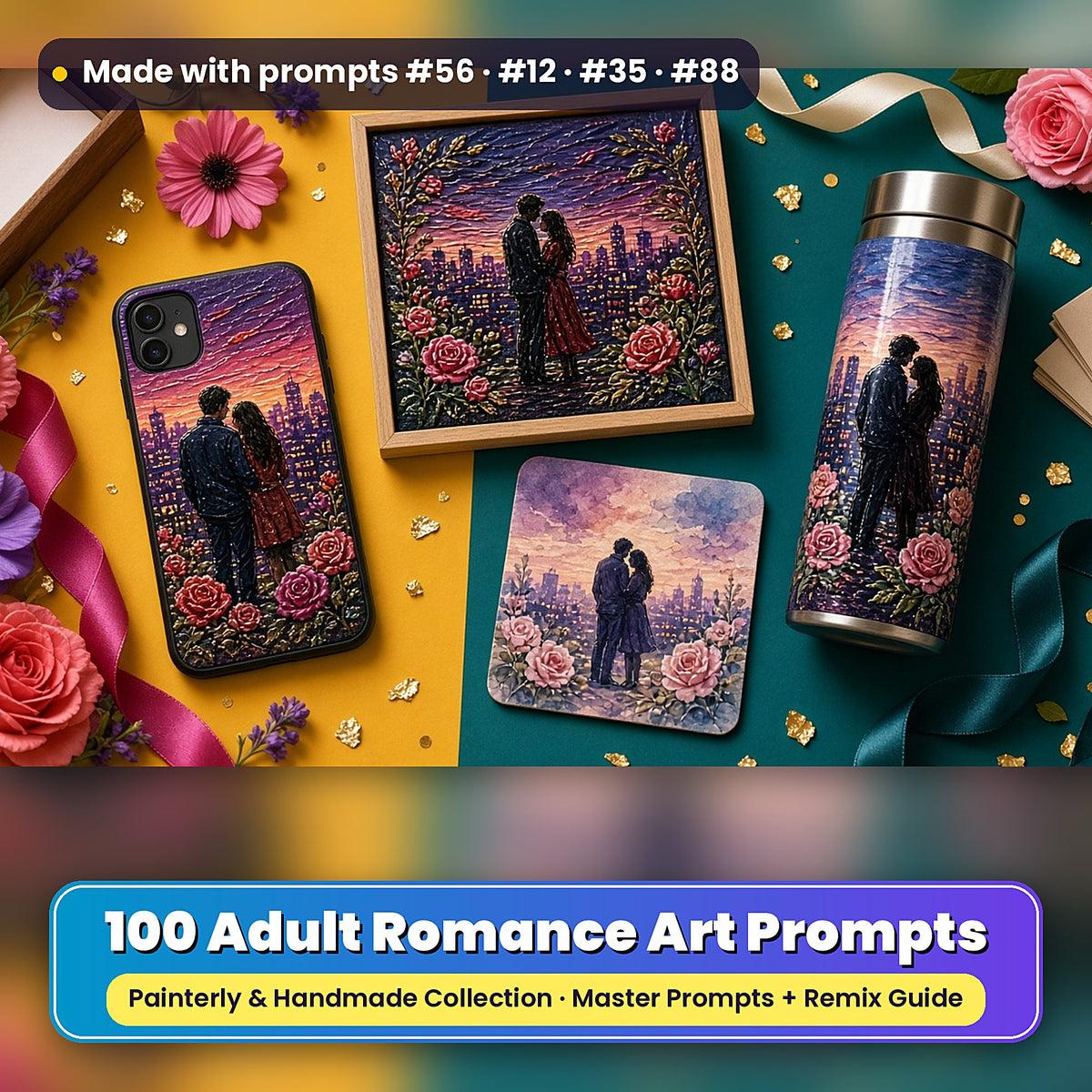 Adult Romance, Painterly & Handmade Collection: realistic UV-printed mockup, made with prompts #56 · #12 · #35 · #88