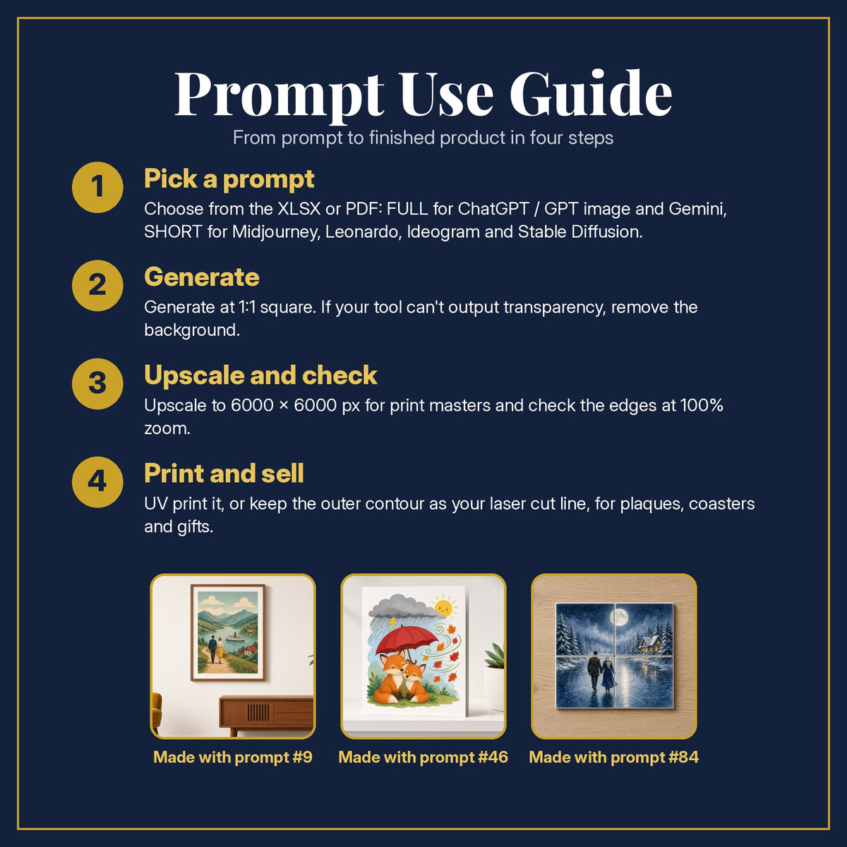 Prompt Use Guide for the Adult Romance, Vintage & Whimsical Collection: pick a prompt, generate, upscale and check, print and sell, with sample products made with the pack's prompts