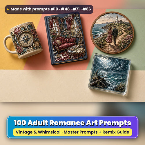 Adult Romance, Vintage & Whimsical Collection: realistic UV-printed mockup, made with prompts #10 · #48 · #71 · #86