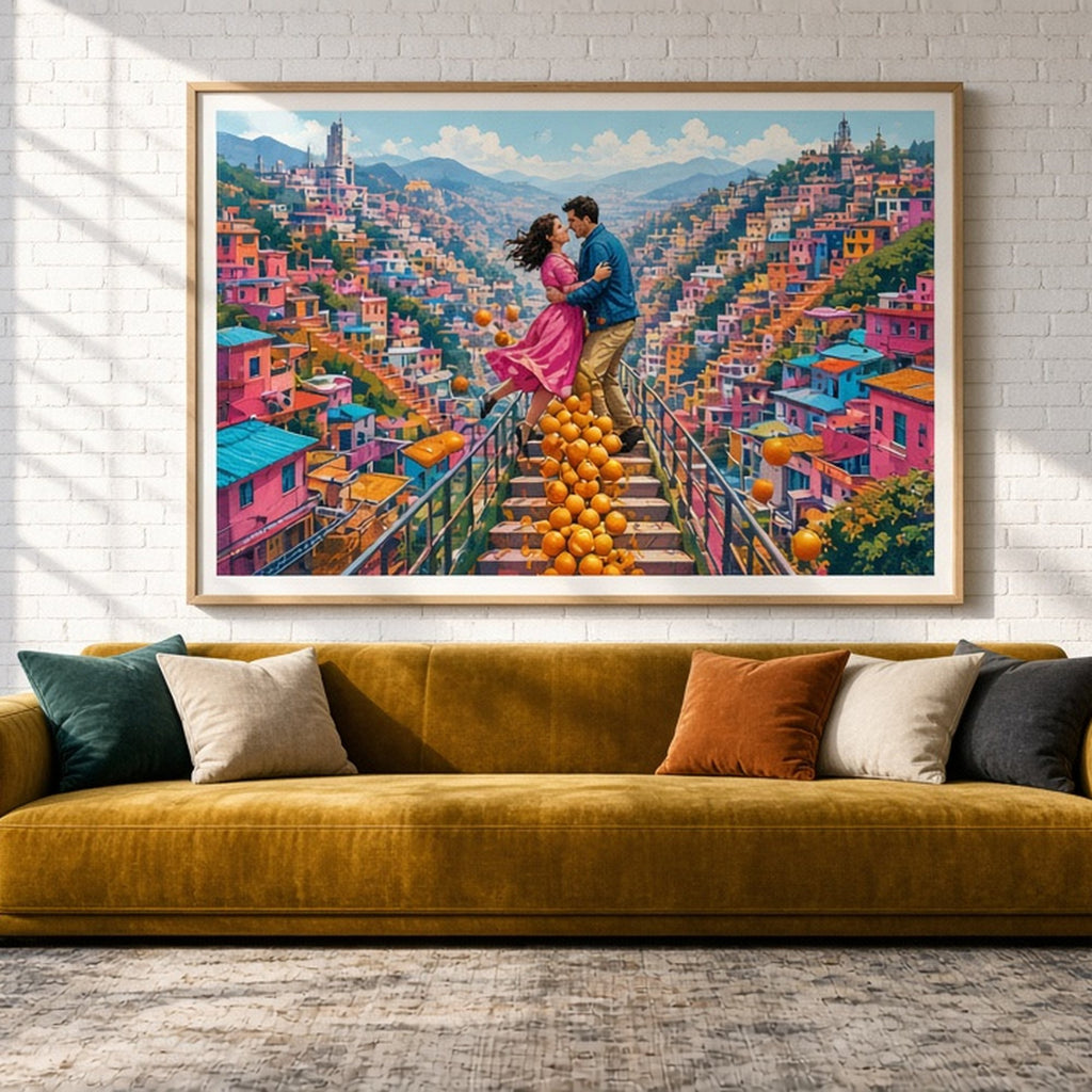 Bold-colour panoramic hillside city with a couple colliding on a staircase among tumbling oranges shown as a flat framed print in a loft living room, made with prompt #9