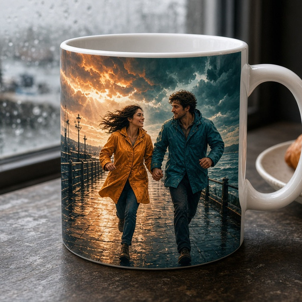 Cinematic couple in raincoats racing along a harbour pier as a storm rolls in printed flat on a mug, made with prompt #46