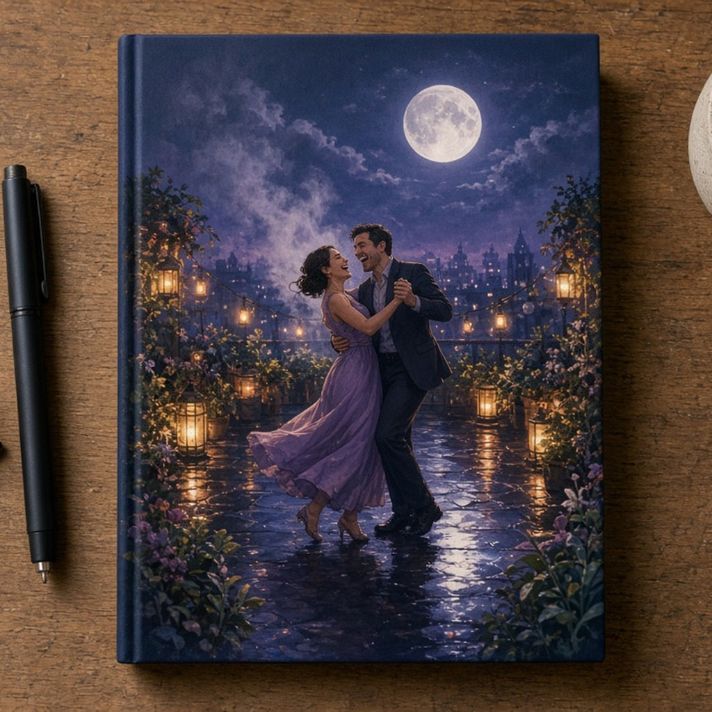 Moonlit lantern-lit rooftop garden with a couple dancing clumsily printed flat on a notebook cover, made with prompt #84