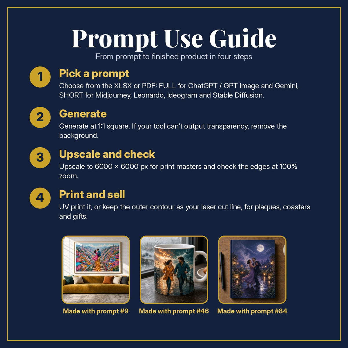 Prompt Use Guide for the Romantic Comedy, Cinematic & Bold Collection: pick a prompt, generate, upscale and check, print and sell, with sample products made with the pack's prompts