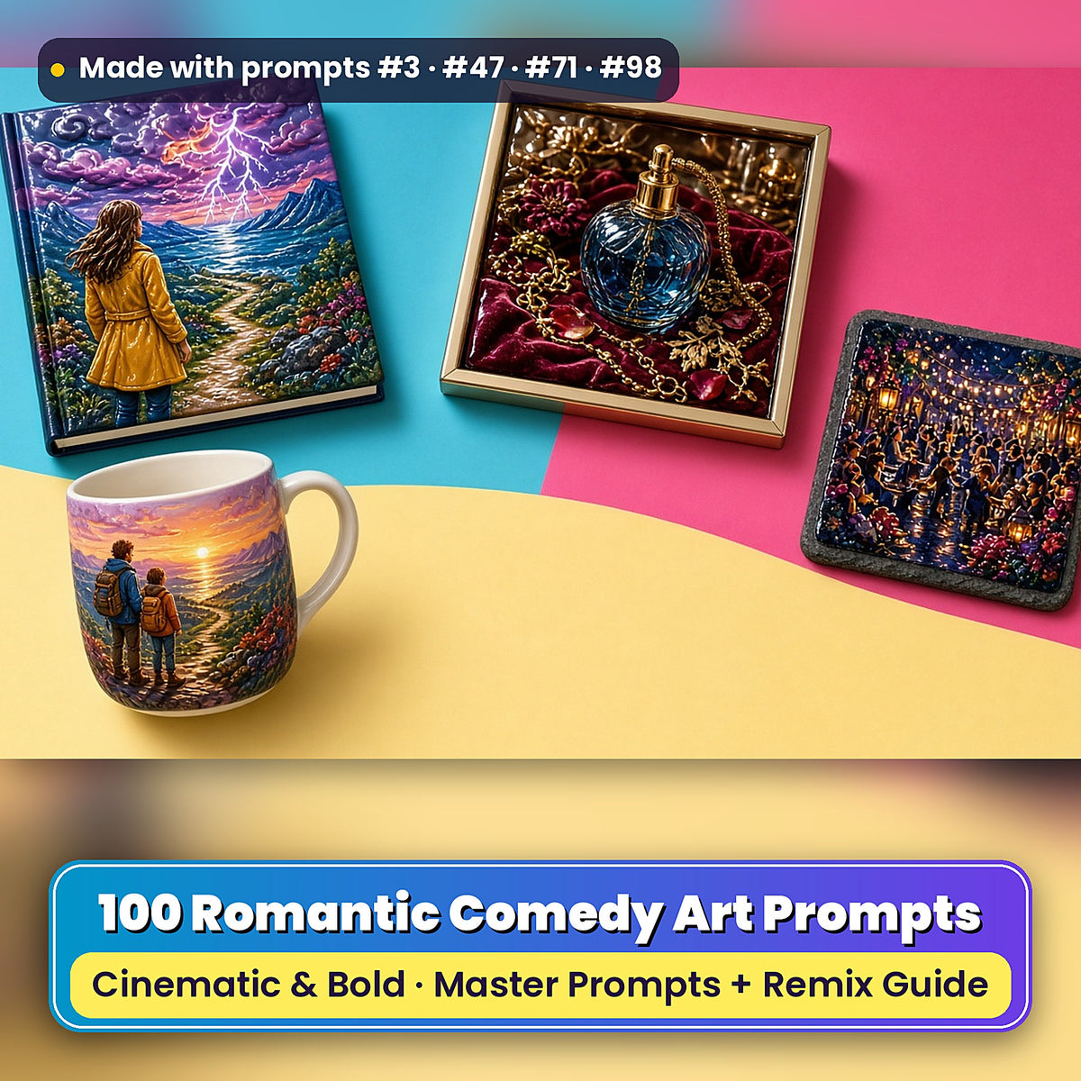 Romantic Comedy, Cinematic & Bold Collection: realistic UV-printed mockup, made with prompts #3 · #47 · #71 · #98