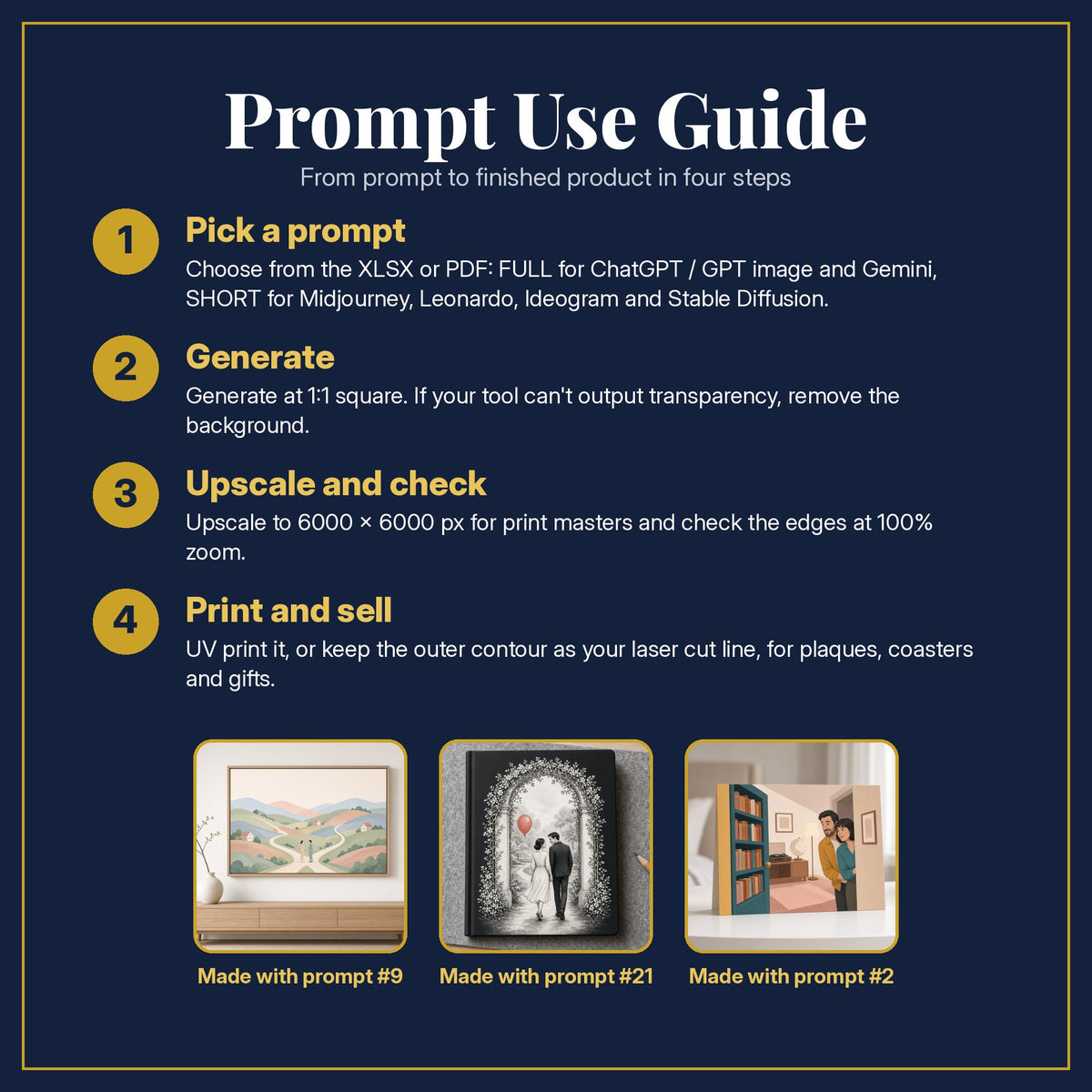 Prompt Use Guide for the Romantic Comedy, Clean & Graphic Collection: pick a prompt, generate, upscale and check, print and sell, with sample products made with the pack's prompts