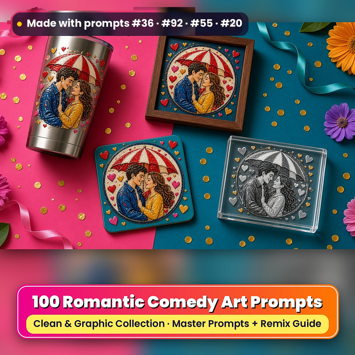 Romantic Comedy, Clean & Graphic Collection: Made with prompts #36 · #92 · #55 · #20 – realistic UV-printed mockup