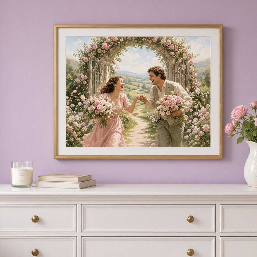 Luxury rose-covered garden gateway where a laughing couple collide with armfuls of flowers shown as a flat framed print in a bedroom, made with prompt #41