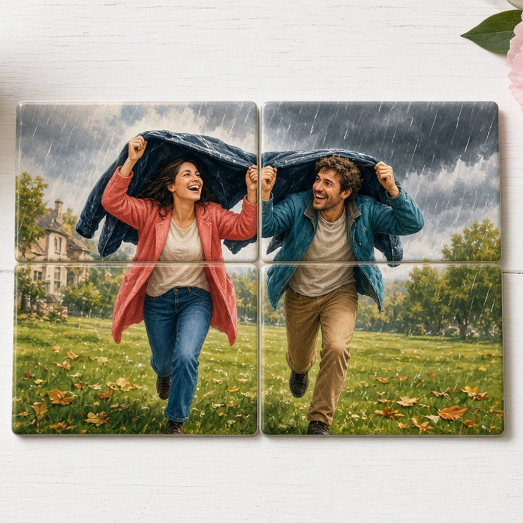 Illustrated couple dashing across a village green under a jacket as a storm arrives printed flat on a set of four coasters, made with prompt #226