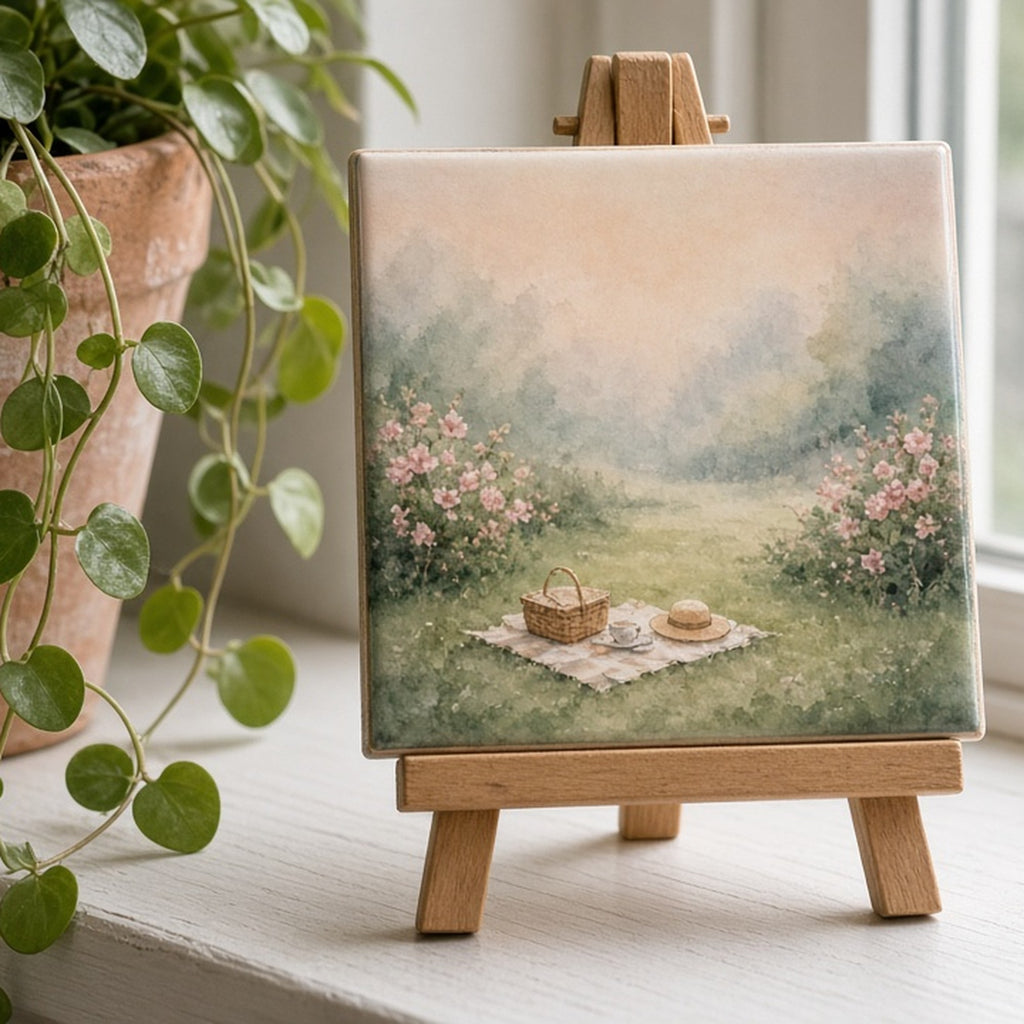 Misty watercolour garden with a half-hidden first-date picnic printed flat on a ceramic tile, made with prompt #416