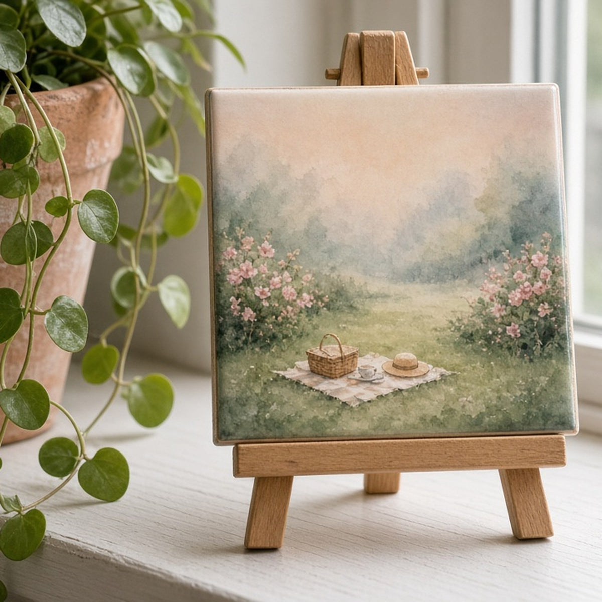 Misty watercolour garden with a half-hidden first-date picnic printed flat on a ceramic tile, made with prompt #416