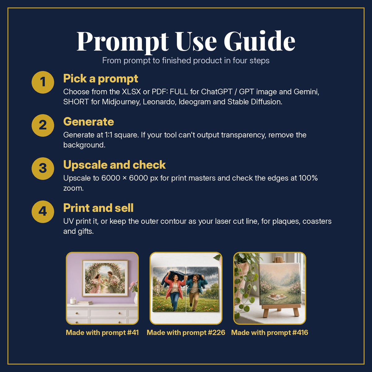 Prompt Use Guide for the Romantic Comedy Complete Library: pick a prompt, generate, upscale and check, print and sell, with sample products made with the pack's prompts