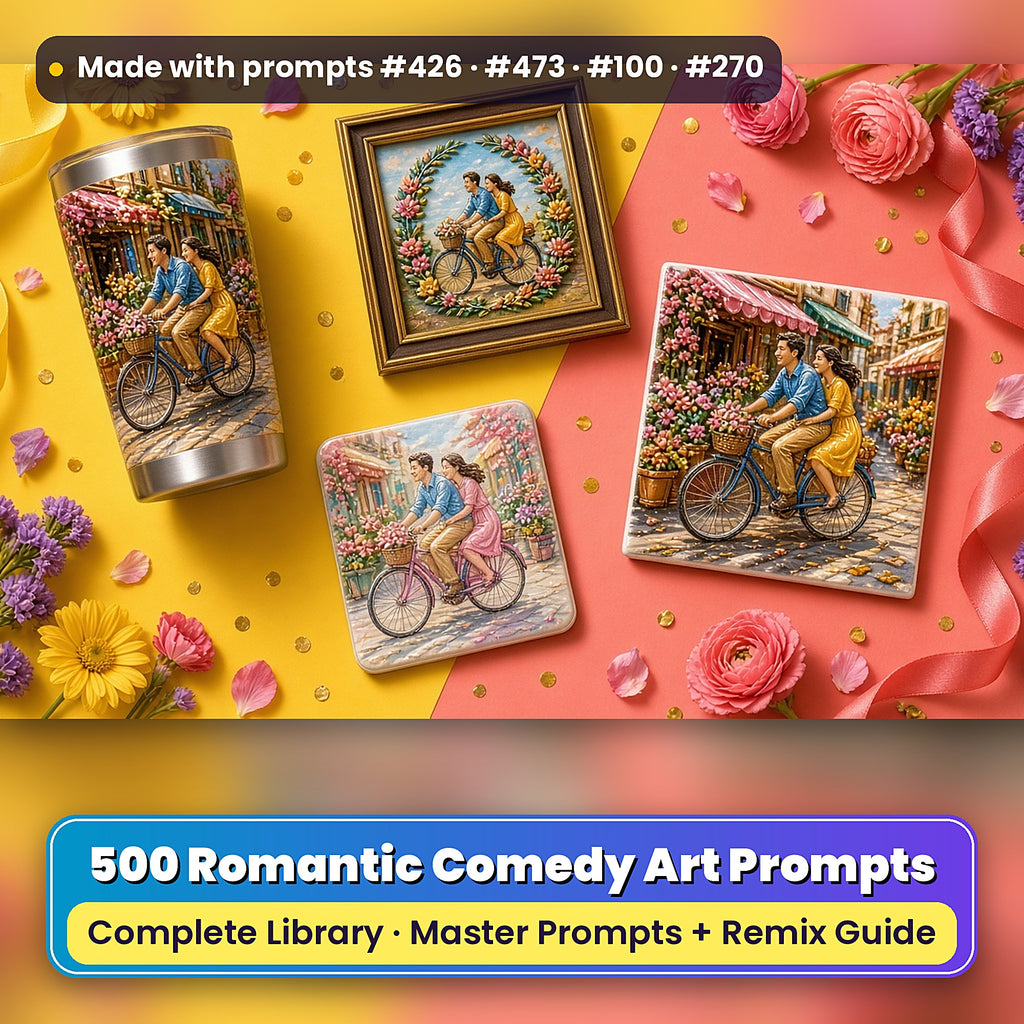 500 Rom-Com Art Prompts Library: Made with prompts #426 · #473 · #100 · #270 – realistic UV-printed mockup