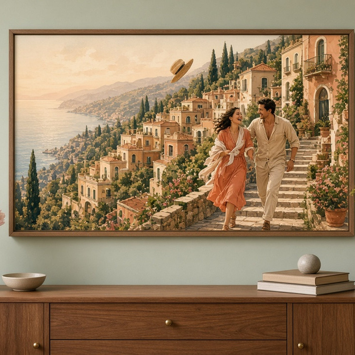 Luxury panoramic terraced seaside town with a laughing couple chasing a windblown hat shown as a flat framed print in a living room, made with prompt #9