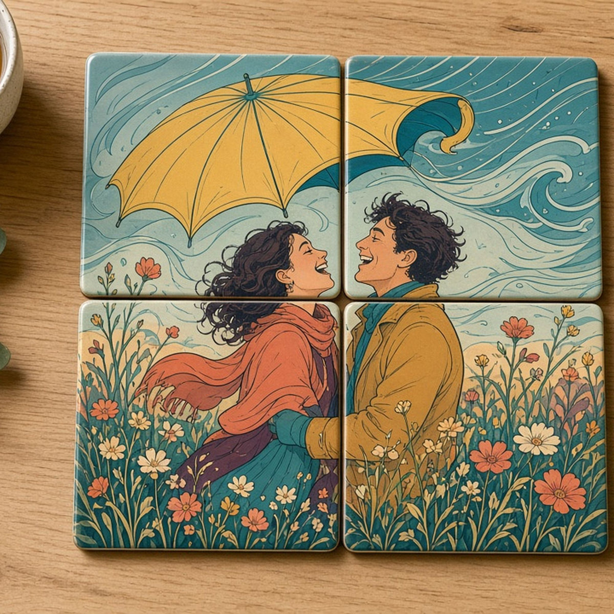 Art nouveau couple laughing under an inside-out umbrella as a storm approaches over a meadow printed flat on a set of four coasters, made with prompt #46